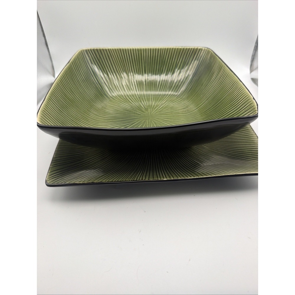 Joseph Abboud Ventana Green 2 Pc Square Serving Bowl & Platter Set Ribbed